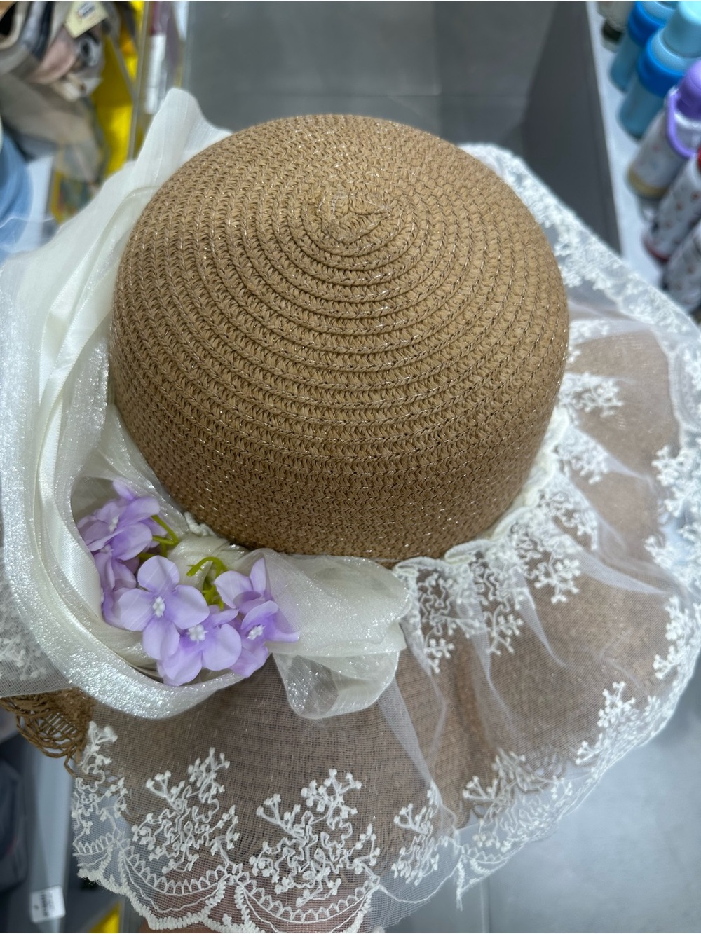 Brown Straw Women's Sun Hat with Lace Veil and Lilac Flower Trim